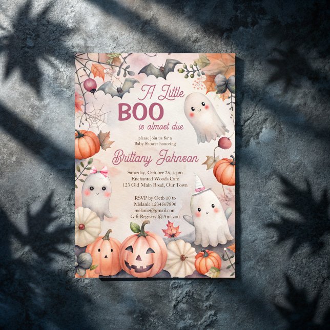 Convites Pequeno chá de fraldas de fantasma rosa-rosa-rosa- (Little boo Halloween pink cute ghosts and pumpkins baby shower Invitation template instant download)