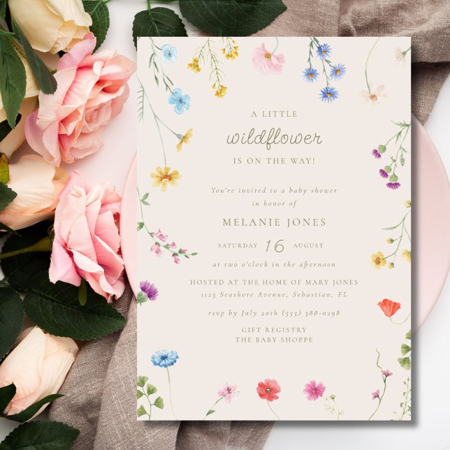 Convites Pequeno Chá de fraldas de Flor Selvagem (Little Wildflower Girl Baby Shower Invitation)