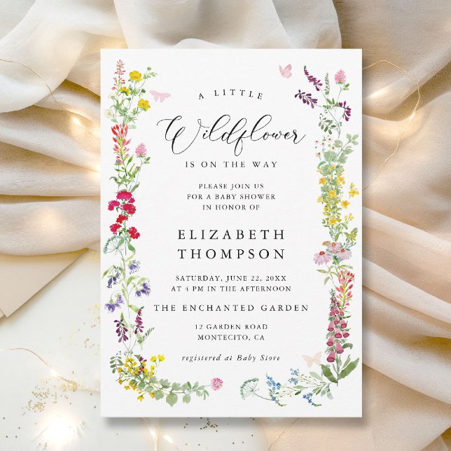 Convites Pequeno Chá de fraldas de Floral do Jardim de Flor (a little wildflower is on the way baby shower invitation colorful watercolor elegant calligraphy)