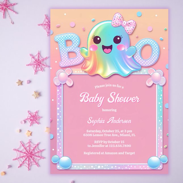 Convites Pequeno Chá de fraldas de Garota Fantasma (Little Boo Iridescent Ghost Baby Shower Invitation Cute Halloween Coquette Girl Invite for Fall)