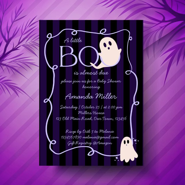 Convites Pequeno chá de fraldas de Halloween de fantasma fo (Little boo cute ghost retro black stripes Halloween baby shower Invitation cards template)