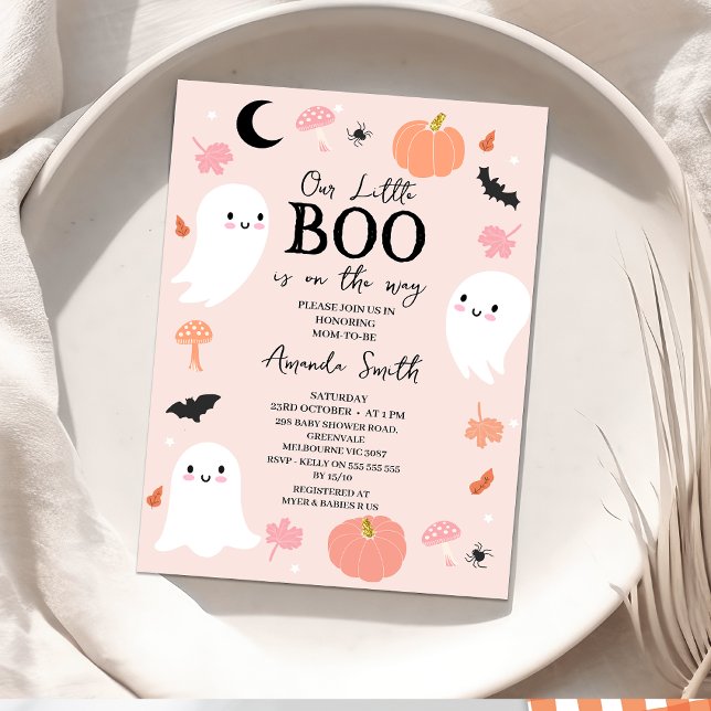 Convites Pequeno Chá de fraldas de Halloween Rosa Moderno (Pink Halloween Baby Shower Invitation, Girl Little boo baby Shower Invitation, Ghosts Our little Boo)