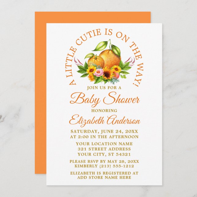 Convites Pequeno Chá de fraldas de Laranjas Florais de Cuti (Frente/Verso)