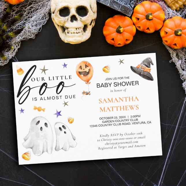 Convites Pequeno Chá de fraldas de outono de Boo Halloween (Little Boo is almost due Halloween themed baby shower invitation featuring watercolor ghosts.)