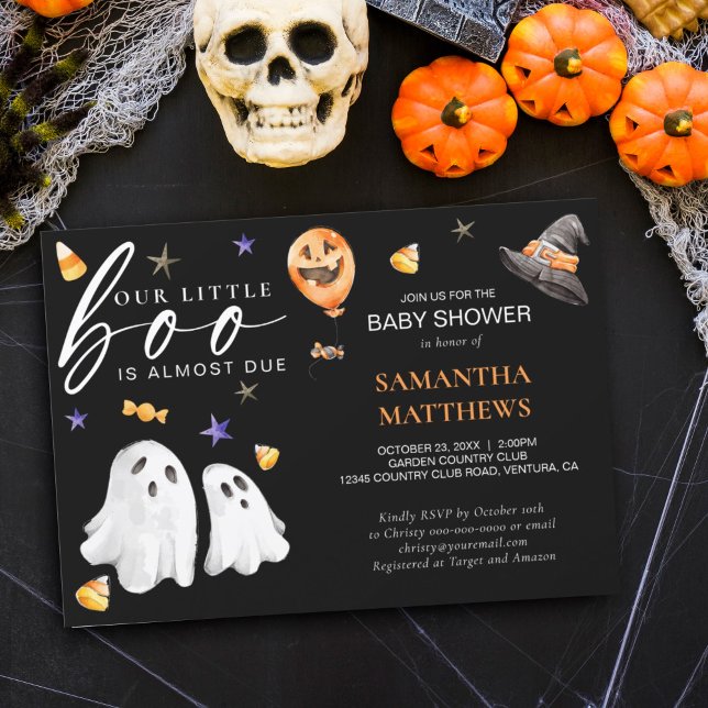 Convites Pequeno Chá de fraldas de outono de Boo Halloween  (Join us for a whimsically spooky celebration! Our little 'Boo' is on the way baby shower invite.)