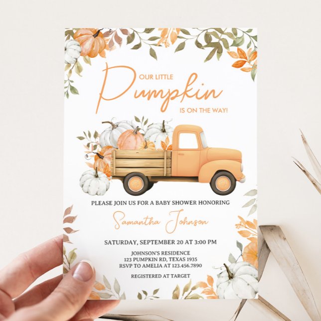 Convites Pequeno Chá de fraldas de Pumpkin (Little Pumpkin Truck Fall Baby Shower Invitation)