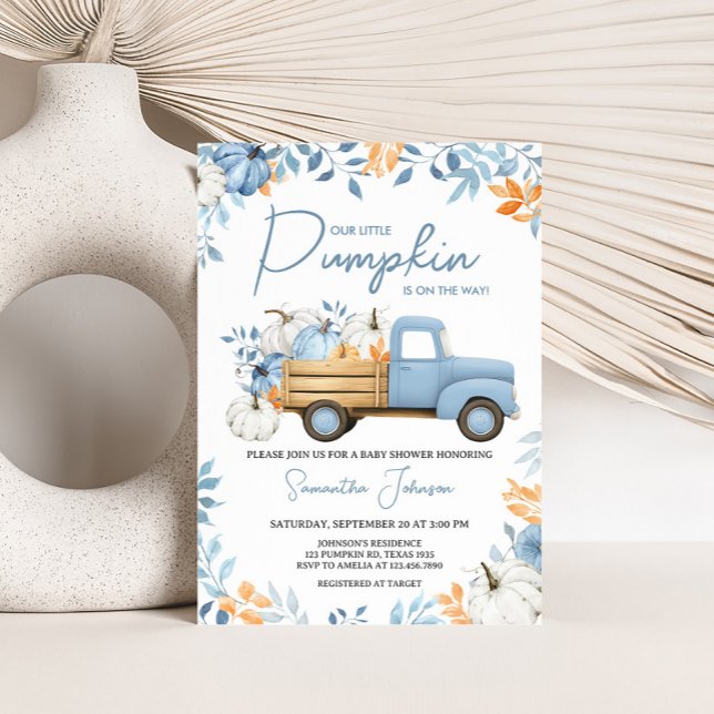 Convites Pequeno Chá de fraldas de Queda de Caminhão Azul (Blue Little Pumpkin Truck Fall Baby Shower Invitation)