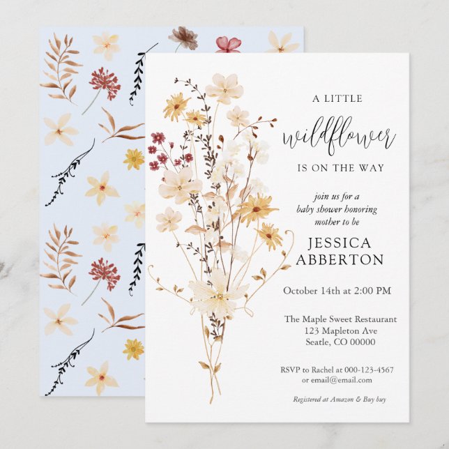 Convites Pequeno Chá de fraldas Flor de Flor Selvagem (Frente/Verso)