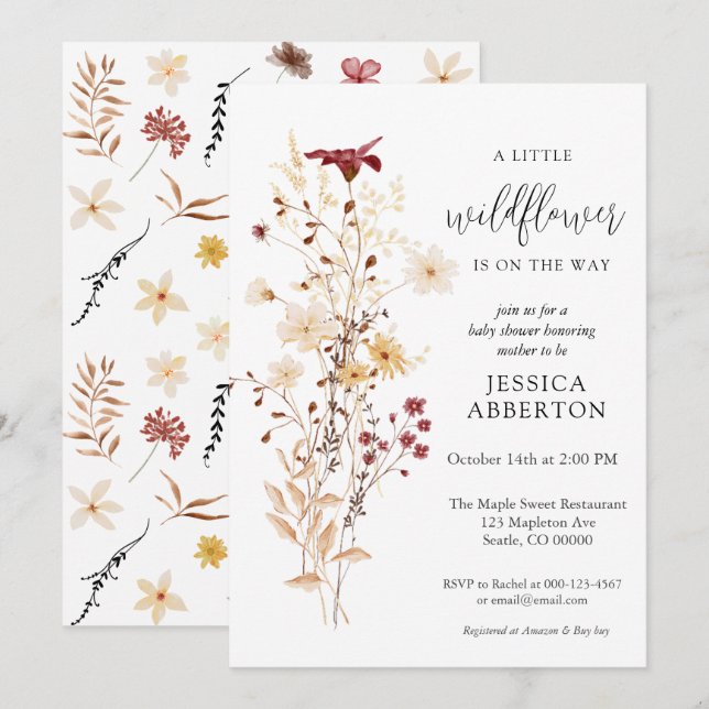 Convites Pequeno Chá de fraldas Flor de Flor Selvagem (Frente/Verso)