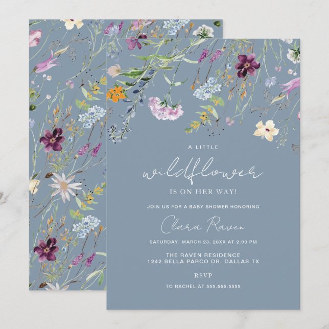 Convites Pequeno Chá de fraldas Floral Azul Dusty (Frente/Verso)