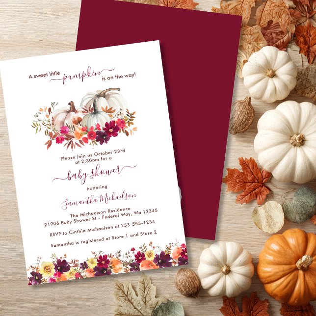 Convites Pequeno Chá de fraldas Floral de Abóbora (Burgundy Little Pumpkin Fall Floral Baby Shower Invitation)
