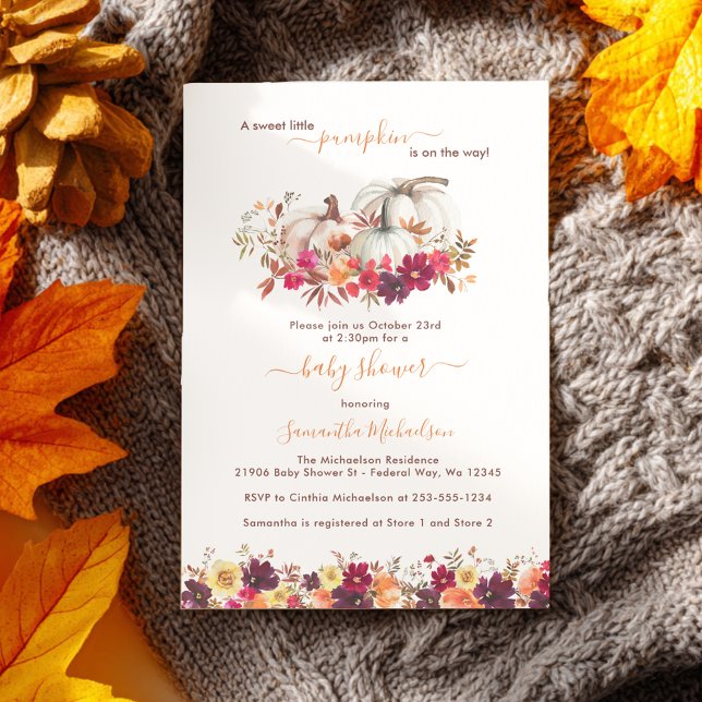 Convites Pequeno Chá de fraldas Floral de Abóbora (Little Pumpkin Fall Floral Baby Shower Invitation)