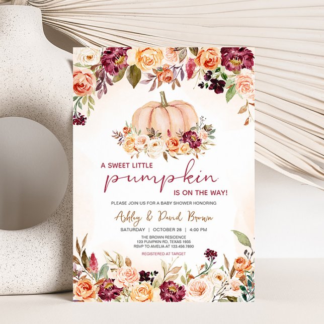 Convites Pequeno Chá de fraldas Floral de Pumpkin (Burgundy Floral Baby Shower Invitation )