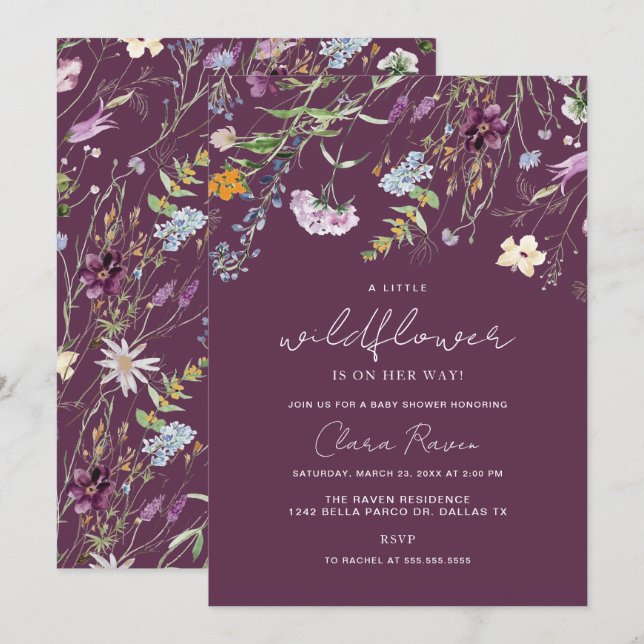 Convites Pequeno Chá de fraldas Floral Roxo de Plum (Frente/Verso)