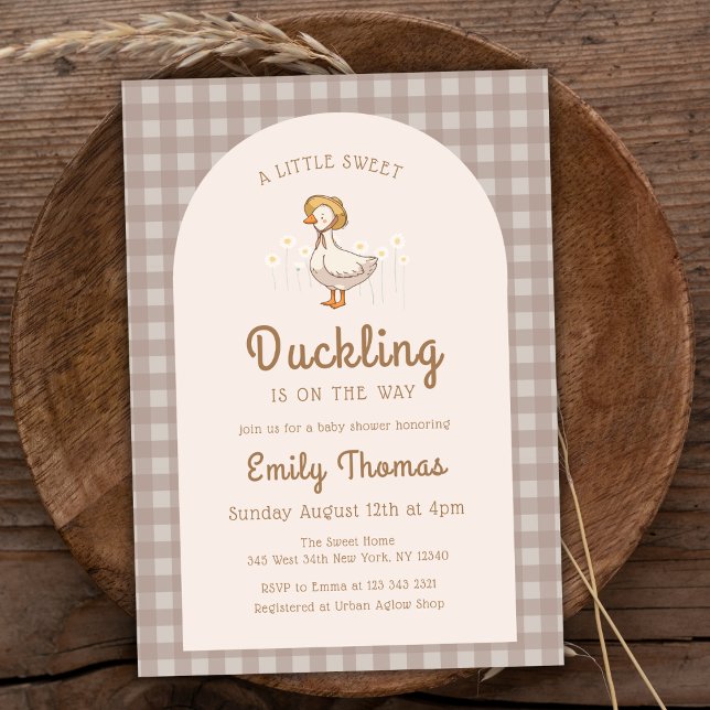 Convites Pequeno Chá de fraldas Gingham da Fazenda de Duckh (Little Duckling Farmhouse Gingham Baby Shower Invitation)
