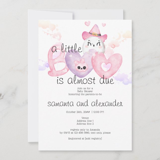 Convites Pequeno Chá de fraldas Gótico de Coqueta Rosa BOO (Frente)