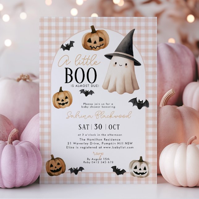 Convites Pequeno Chá de fraldas Laranja Fantasma Pumpkin (A little Boo is almost due! Orange halloween themed baby shower invitation with ghost and pumpkins)