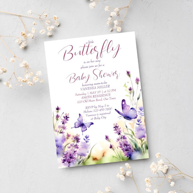 Convites Pequeno chá de fraldas lilás de lavanda pastel de  (Butterfly baby shower template invitation digital download purple lilac pastel watercolor meadow)