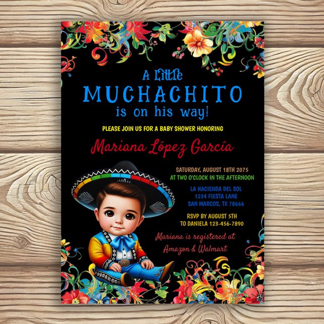 Convites Pequeno Chá de fraldas Muchachito Charro Fiesta (Boy festa baby shower invitation with adorable little Muchachito on color floral background. )