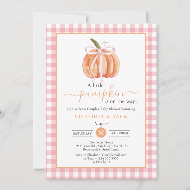 Convites Pequeno Chá de fraldas Pumpkin Pink Gingham Fall (Frente)