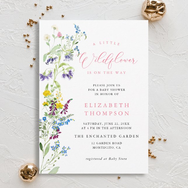 Convites Pequeno Chá de fraldas Rosa Jardim de Flores Selva (wildflowers baby shower invitation little garden elegant pink watercolor modern calligraphy)