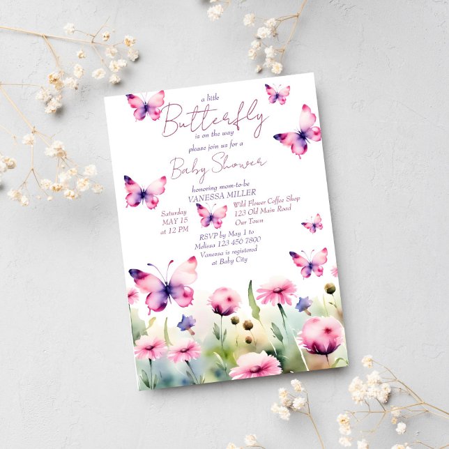 Convites Pequeno chá de fraldas rosa lilás pastoso da borbo (Little butterfly baby shower template invitation instant download meadow flowers pastel butterflies)