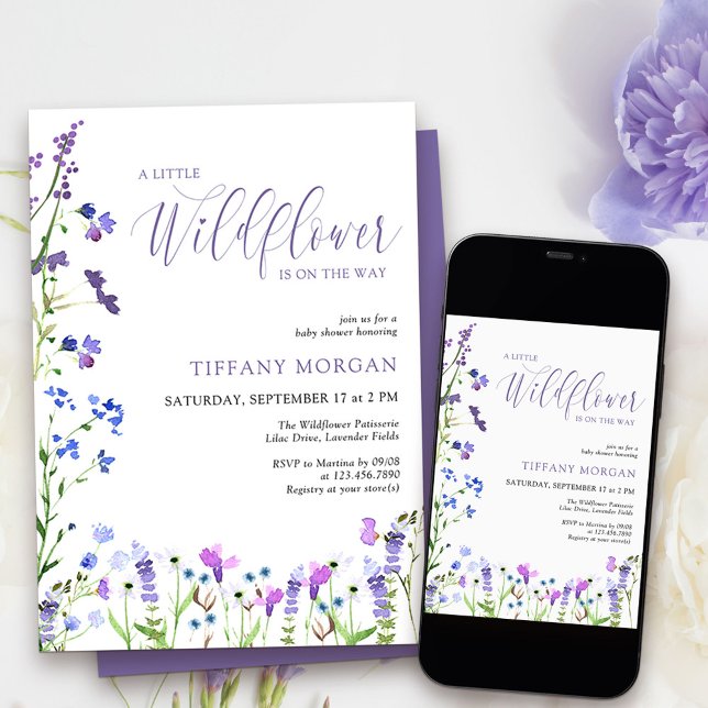Convites Pequeno Chá de fraldas Roxo Elegante de Flor Selva (Little Wildflower Baby Shower Invitation from my Purple Wildflower Collection.
)