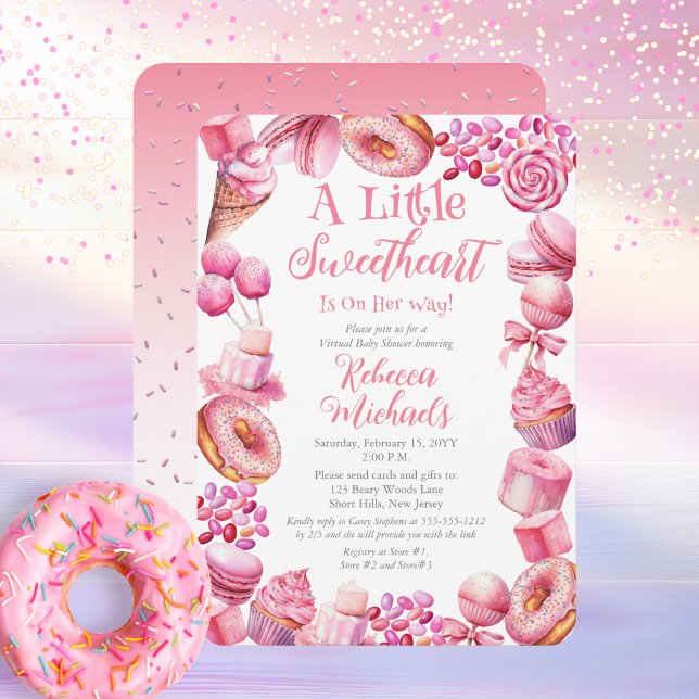 Convites Pequeno Chá de fraldas Virtual de Quadro de Doces ("A Little Sweetheart Is On Her Way" Pink Candy and Bakery Treat Frame Virtual Baby Shower Invitation)