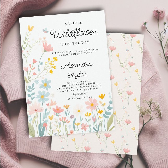 Convites Pequeno Chá de Garota Branca Pequena (little wildflower on way baby girl shower invitation cottage garden whimsical yellow peach pastel)
