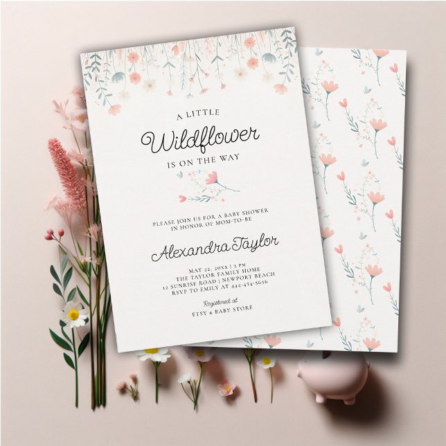 Convites Pequeno Chá de Garota-de-Coral-Pequeno (little wildflower baby girl shower invitation cottage garden watercolor pink teal pastel tiny flower)
