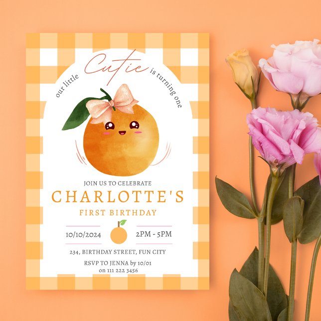 Convites Pequeno Citro Laranja 1 rua Primeiro Aniversário (Little Cutie Orange Citrus 1st First Birthday Invitation)