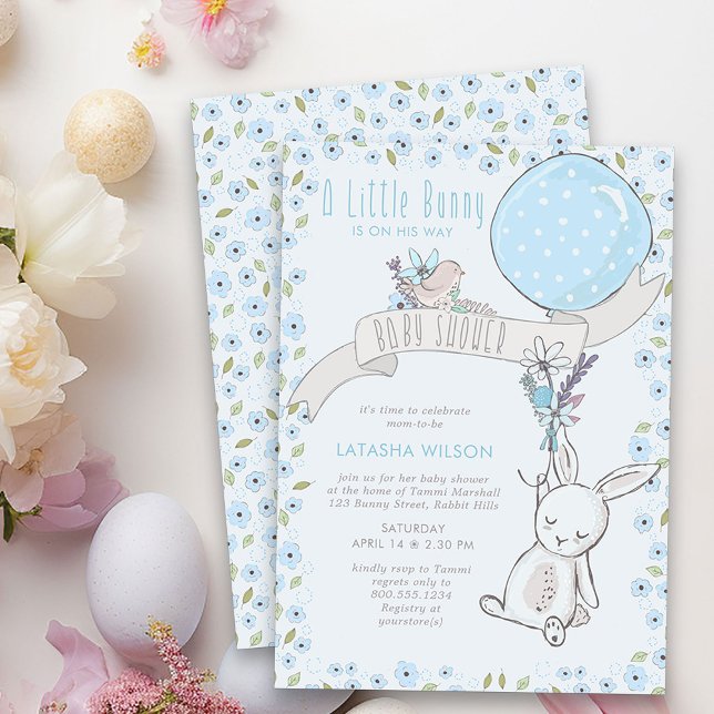Convites Pequeno Coelhinho com Chá de fraldas de Garoto Bon (Boy Baby Shower Invitation from my Little Bunny & Balloon Baby Shower collection)