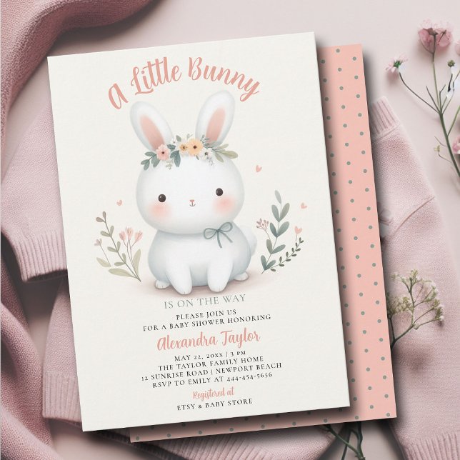 Convites Pequeno Coelhinho de Flores Selvagens Chá (a little bunny baby girl shower invitation springtime easter garden picnic wildflowers calligraphy)