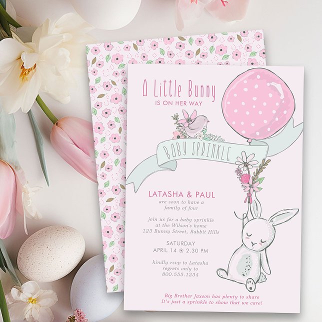 Convites Pequeno coelho com bebezinho de Balão (Girl Baby Sprinkle Invitation from my Little Bunny & Balloon Baby Shower collection)