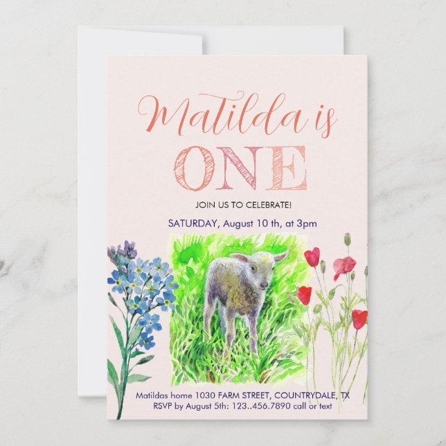 Convites Pequeno cordeiro e flores silvestres (Frente)