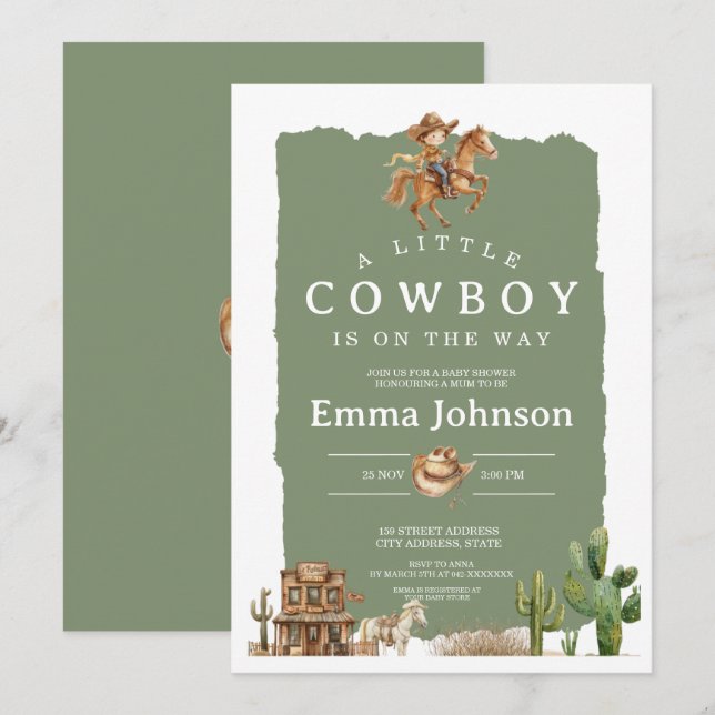 Convites Pequeno Cowboy a Caminho | Chá de Bebê Western (Frente/Verso)