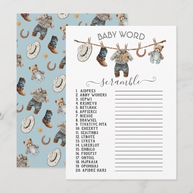Convites Pequeno Cowboy Clothesline Baby Word Scramble (Frente/Verso)