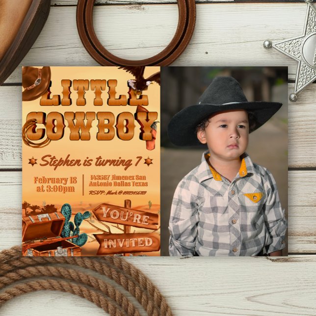 Convites Pequeno Cowboy com Foto (Little Cowboy -  Boy Birthday Landscape Invitation with Picture)