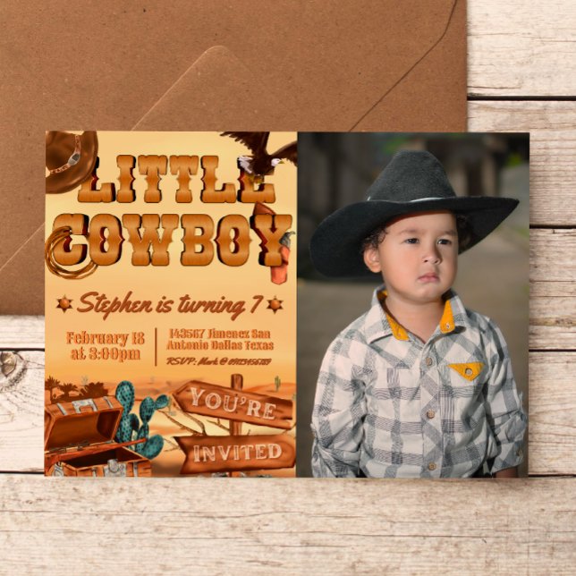 Convites Pequeno Cowboy com Foto (Little Cowboy -  Boy Birthday Landscape Invitation with Picture)