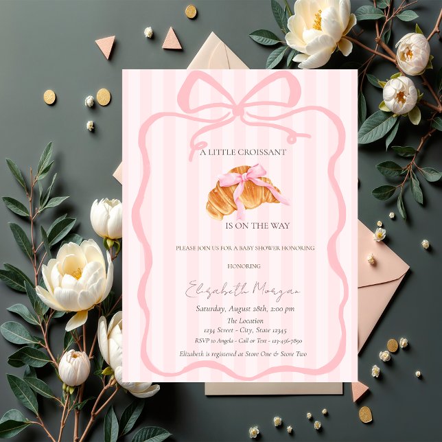 Convites Pequeno Croissant Laço Rosa Listras Rosa Chã de Be (Criador carregado)
