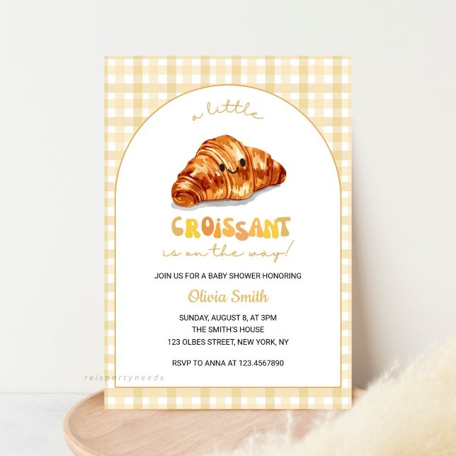 Convites Pequeno Croissant no Caminho Chá de fraldas (Baby Shower Invitation, for Boy or Girl, Little Bun in the Oven, Croissant Baby Invite, Watercolor C)