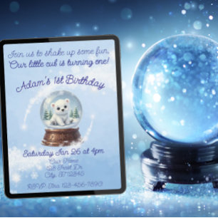 Convites Pequeño Cubo Um, Urso Polar Globo de Neve Aniversá
