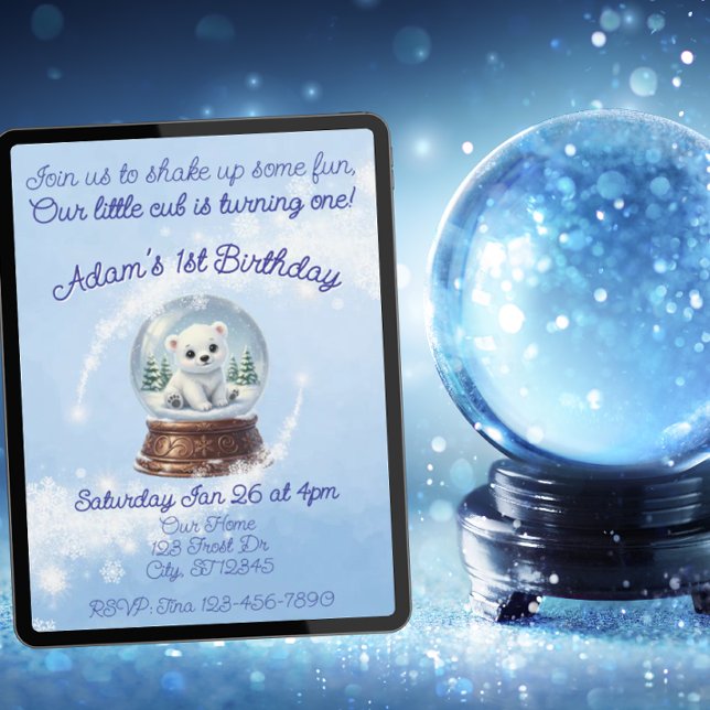 Convites Pequeño Cubo Um, Urso Polar Globo de Neve Aniversá (Criador carregado)
