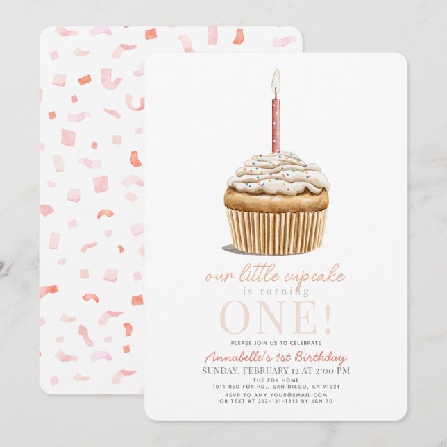 Convites Pequeno Cupcake borrifa primeiro aniversario Rosa (Frente/Verso)