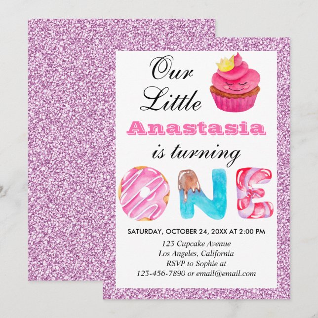 Convites Pequeno Cupcake Rosa Lilac-Glitac primeiro anivers (Frente/Verso)