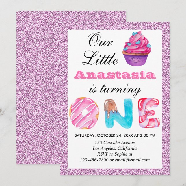 Convites Pequeno Cupcake Rosa Lilac-Glitac primeiro anivers (Frente/Verso)