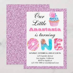 Convites Pequeno Cupcake Rosa Lilac-Glitac primeiro anivers