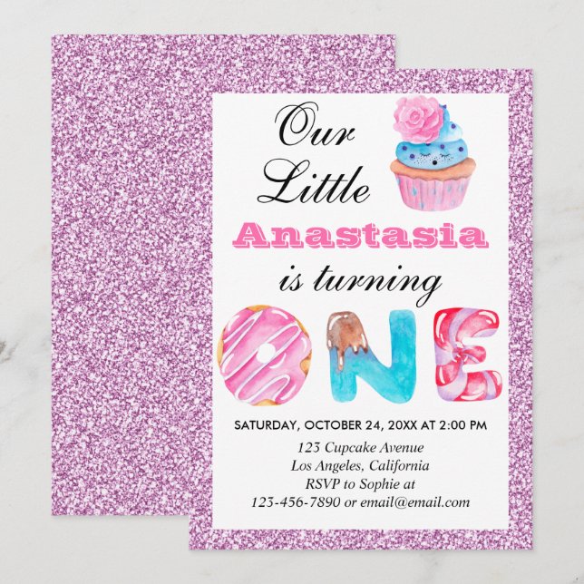 Convites Pequeno Cupcake Rosa Lilac-Glitac primeiro anivers (Frente/Verso)
