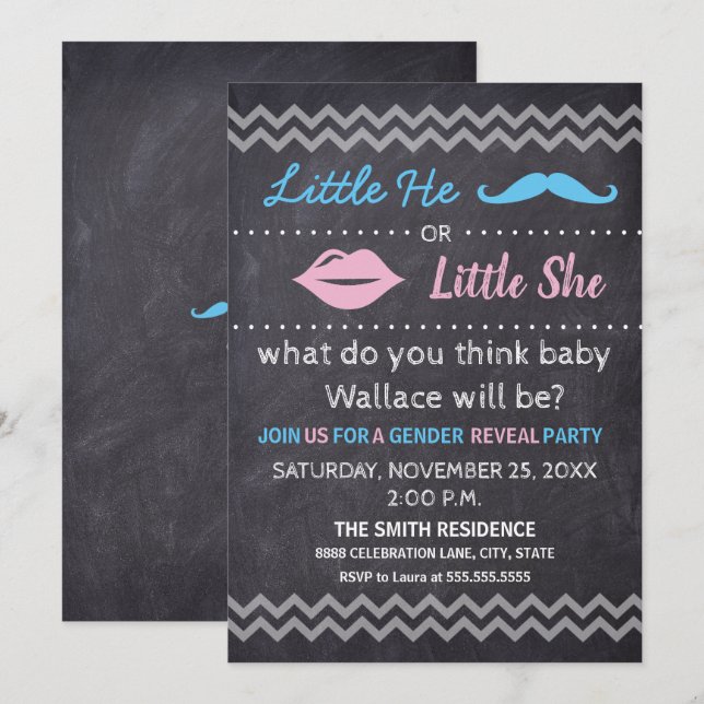 Convites Pequeno Ele Pequeno Ela Lábios O Gênero do bigode (Frente/Verso)
