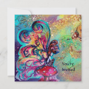 Convites PEQUENO ELF DE COGUMELOS, Dourado brilho azul amar